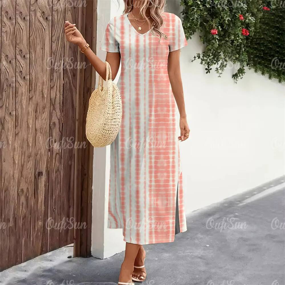 2024 New Womens Striped Print Summer Elegant Midi Dresses Vacation Feamle Short Sleeve Dress Fashion Oversized Clothes dongdumaoyi