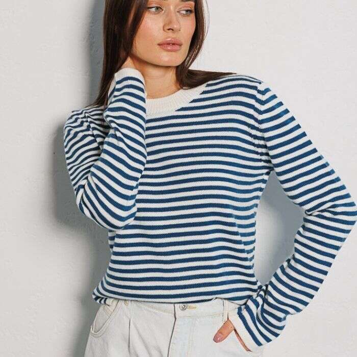 Autumn New Fashion Trend Ribbed Color Block Crew Neck Knitted Striped Sweater B5
