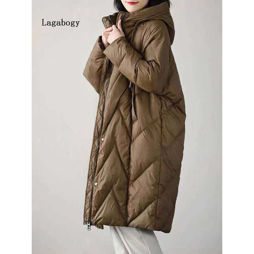 Lagabogy 2025 New Women 90% White Duck Down Long Jacket With Hooded Casual Loose Thick Parkas Female Winter Warm Windproof Coat