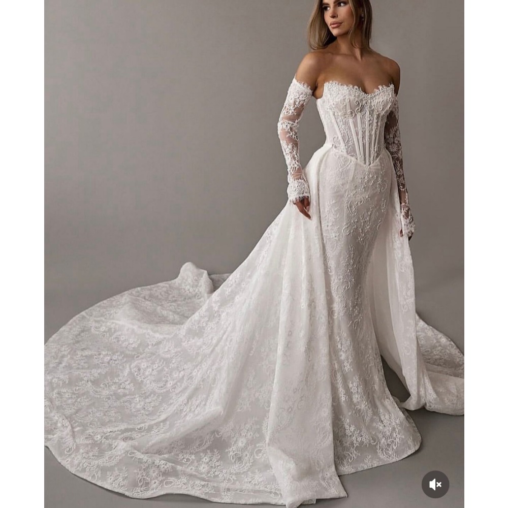 Full Lace Boho Mermaid Wedding Dresses With Detachable Train Corset Strapless Long Bridal Gowns Romoveable Sleeves Ivory Vestido De Novia Back Lace-up