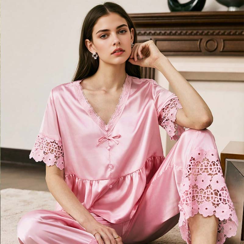 New Women's Spring/Summer Silk Color Lace Short Sleeve Long Pants Nightwear Set Homewear
