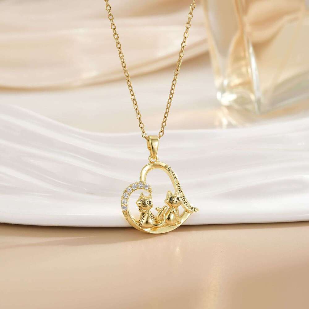 New Heart-Shaped Hollow Two Cats Engraved Love You Forever Couple Necklace Jewelry 413