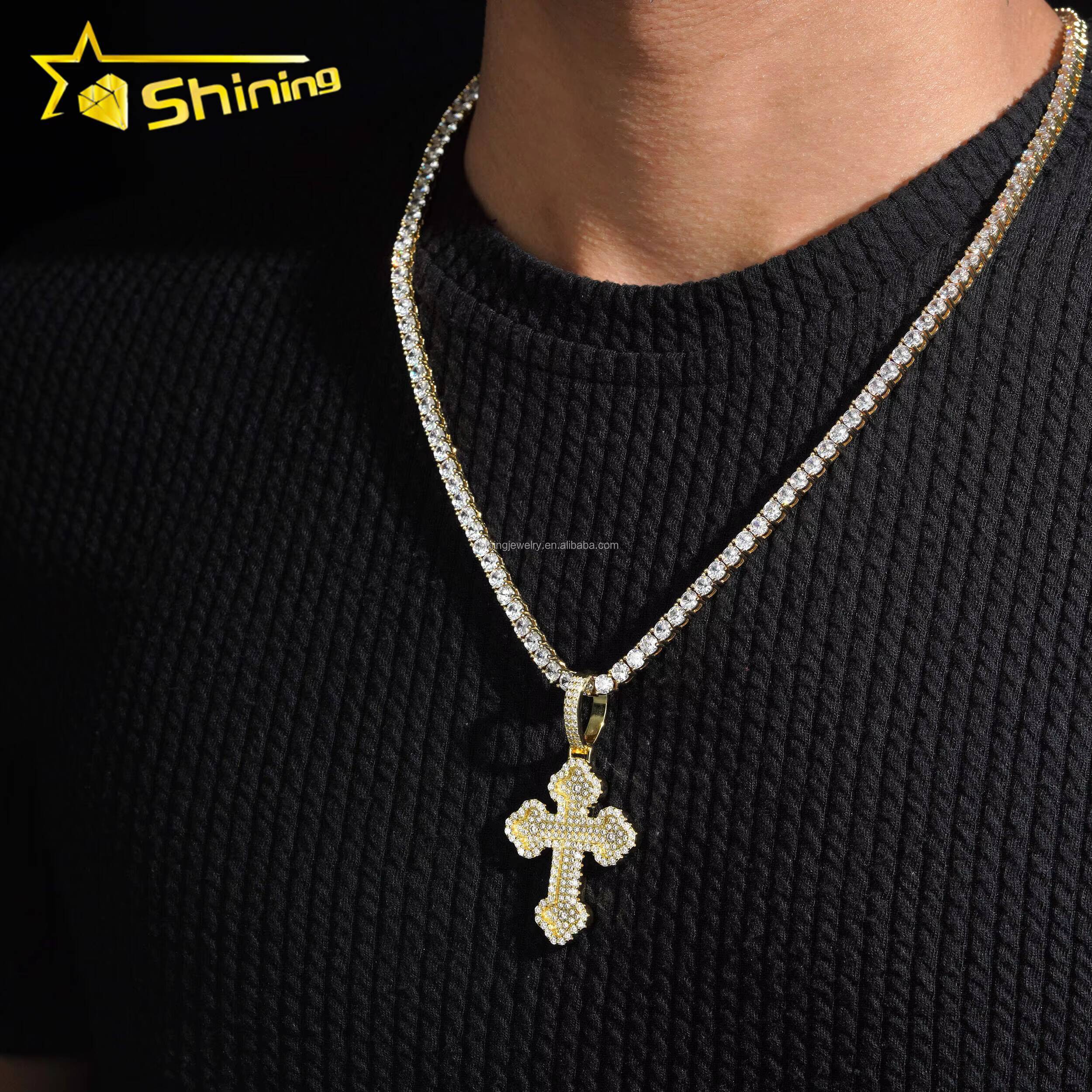 Drop Shipping Low Price High Quality Hip Hop Fashion Man Stylish Rapper Jewelry FL Moissanite Diamond S925 Silver Cross Pendant