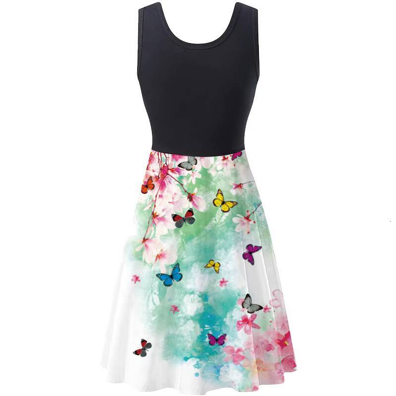 Retro Butterfly Feather Print Sundress Summer Women Fashion Sleeveless Patchwork Mini Party Dresses LRFZ-6818 dongdumaoyi