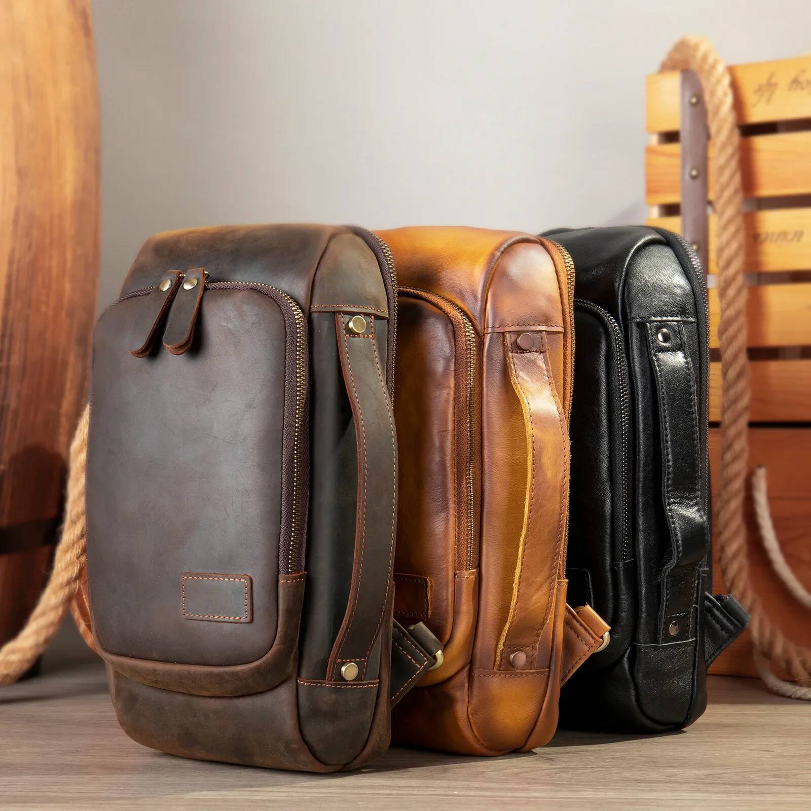 Original New Men's Genuine Leather Commuter Backpack Casual Versatile Canvas Motorcycle Bags Single Shoulder Slant Cross Messeng