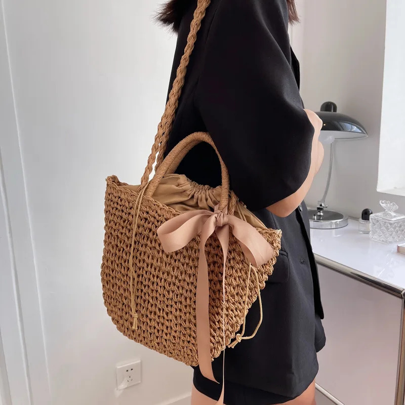 Bow Decors Bucket Shoulder Bags Handmade Straw Hollow out Bag Summer Female Travel Beach Bag Purse Vintage Handbags Bolsa 250714