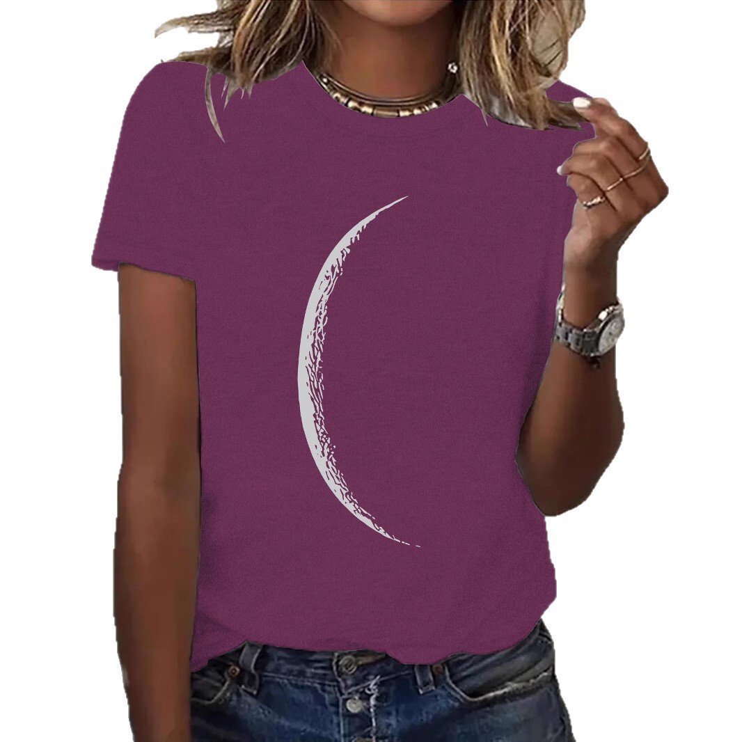 Round Neck Top Women Summer High-end Moon Pattern Print T-shirt Loose Short Sleeve