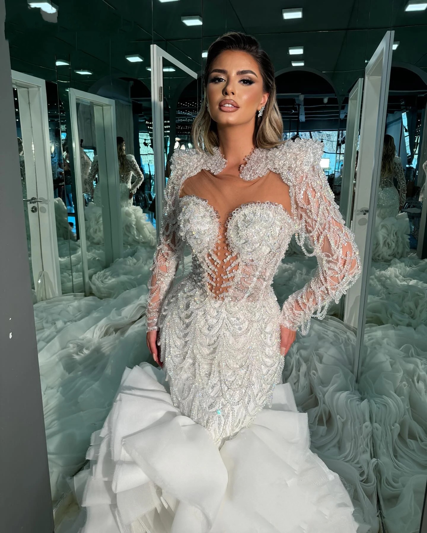 Exquisite Mermaid Wedding Dress Jewel Neck Long Sleeves Bridal Gowns Beaded Sequins Detachable Train Dresses Custom Made vestidos de novia