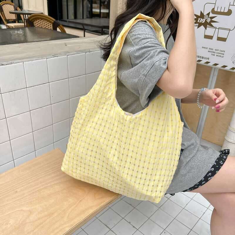 Summer New Candy Color for Women Plaid Canvas Korean Style Ins Fresh Literary Simple Women's Shoulder Bag
