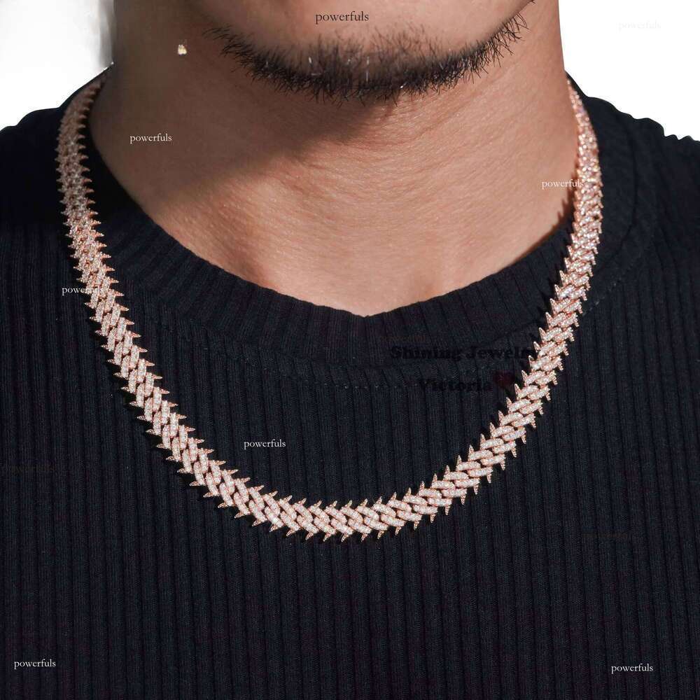 Hot Sale Soild Sier Rose Gold Plated Hip Hop Necklace 10MM VVS Moissanite Dia Spike Cuban k Chain