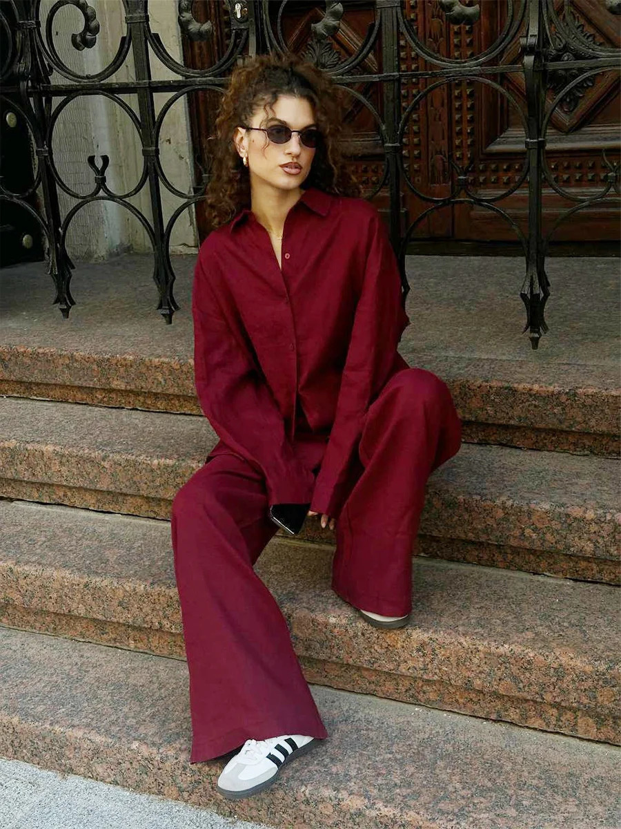 Women Casual Cozy Lapel Pink Shirt Pants Suits Fashion Single Breasted Blouses Elastic Waist Pant Set 2025 Spring Loose Outfits 250715