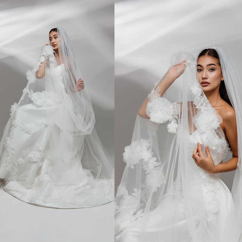 Customized 3 Meters White Ivory Wedding Veils with Full 3D Appliques Long Lace Edge Bridal Head Veil with Comb For Marriage Bride Women's Accesso