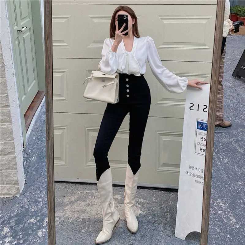 Rhinestone Buttons Woman Pencil Jeans Fashion Fitted Denim Ankle Pants for Women Spring Autumn High Waist Slim Fit Trousers R250716