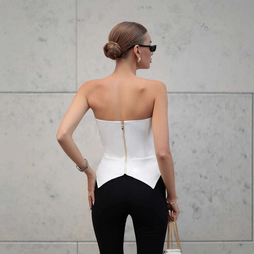 White Summer New Metal Buckle Sleeveless Top Sexy Slim Fit Strapless Women B5
