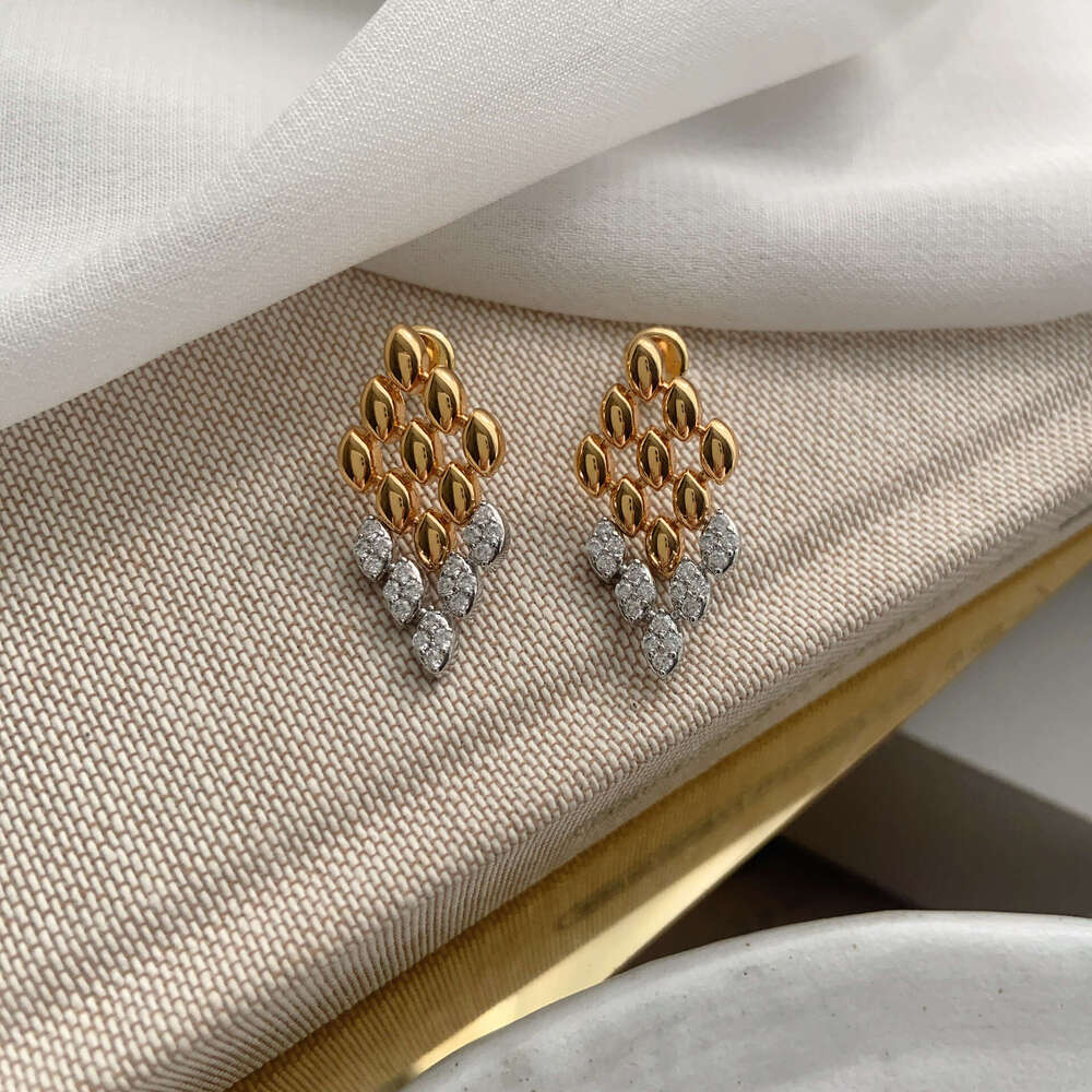 Heavy Craft Dia-Studded Rhombus Splicing Unique Design Fashionable Elegant Temperament High-End Earrings for Women