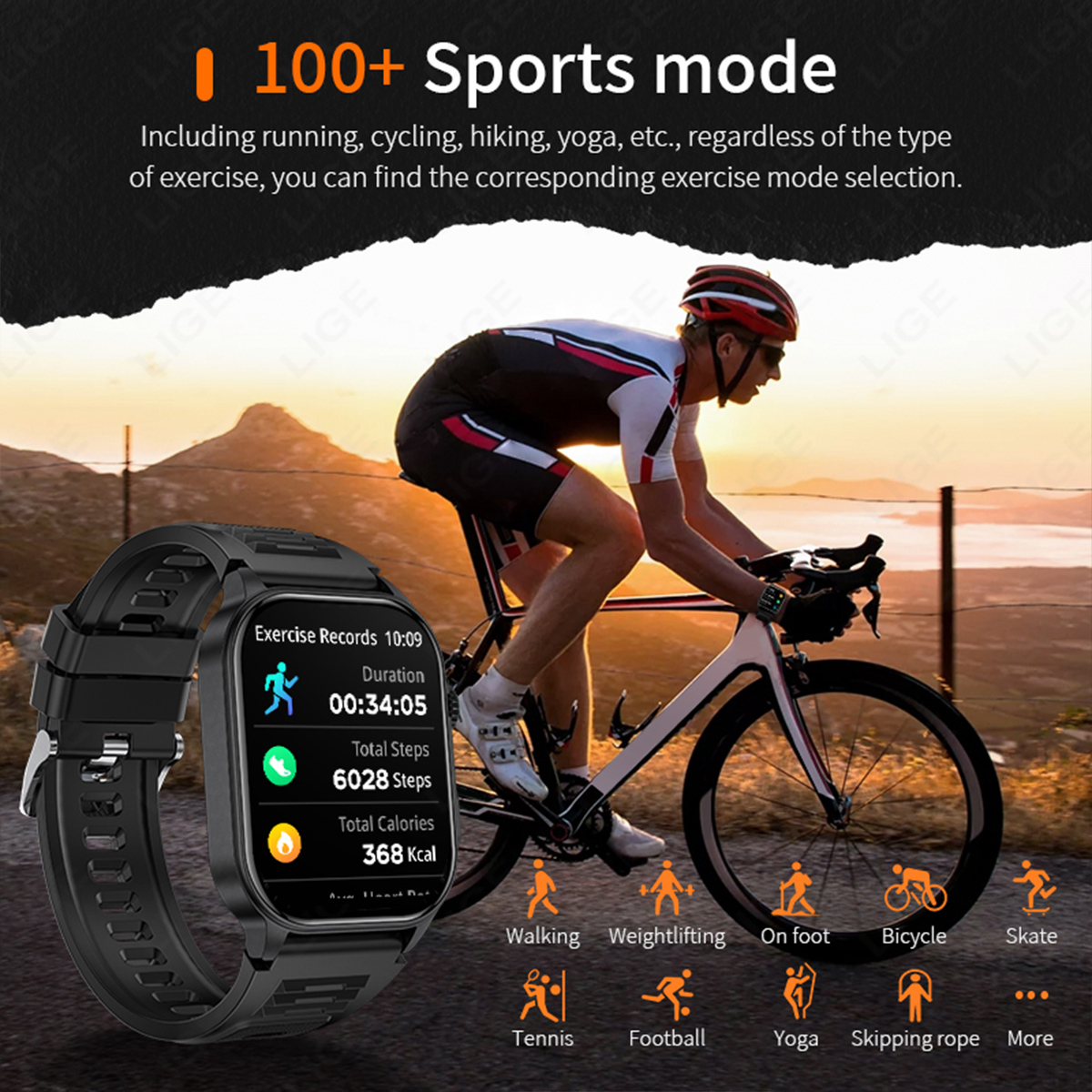 LIGE universal smartwatch features wireless communication, multiple sports modes, multi-language display, step counting and heart rate monitoring IP68
