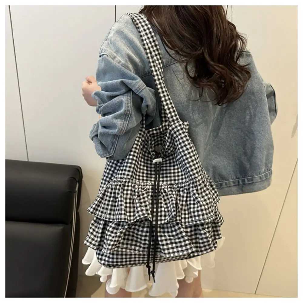 All-match Korean Style Lotus Leaf Shoulder Bag Large Capacity Bag Cloth Cute Plaid Tote Bag Storage Bag