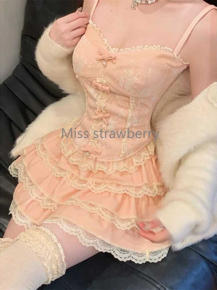 Elegant Sweet Design Off Shoulder Skinny 2-piece Set Women Fashion Cute Bow Lace Sleeveless Strap + Elastic Waist Short Skirt R250716