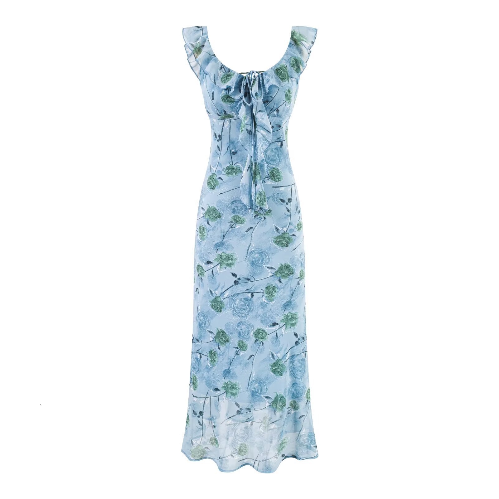 2025 Summer New European and American Style Ruffled V-Neck Strap Waist-Cinching Slimming Beach Vacation Dress