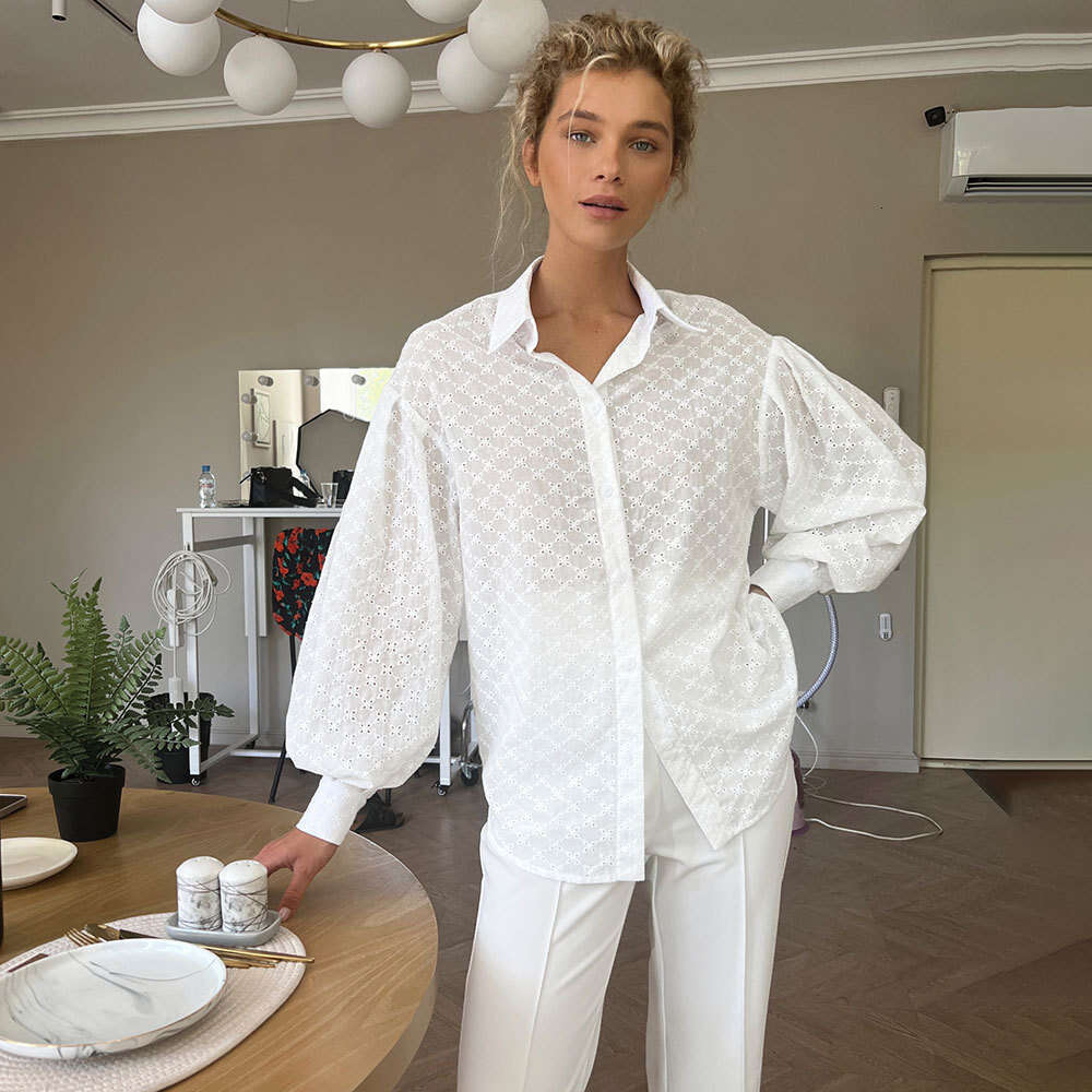 Lantern Sleeve Jacquard Shirt Spring Elegant Versatile Polo Collar Small Hollow Design Blouse B5