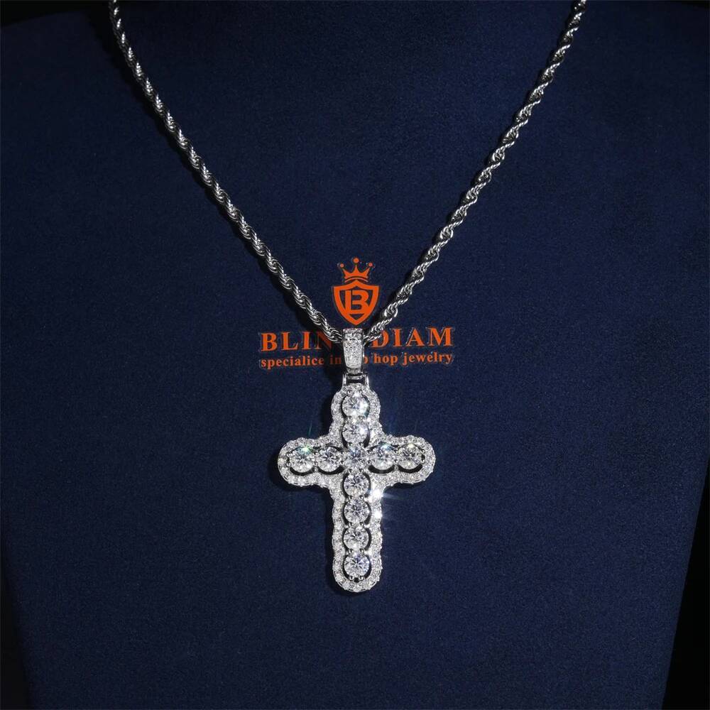 Colorful Moissanite Cross Pendant 925 Silver GRA certification Suitable for 3mm Tennis Chain