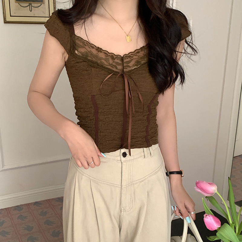 Summer New Women S T Shirt Summer American Retro Brown Textured Lace Spicy Girl Low Neck Bow Patchwork Short Sleeve T Shirt For Women New Designer T S
