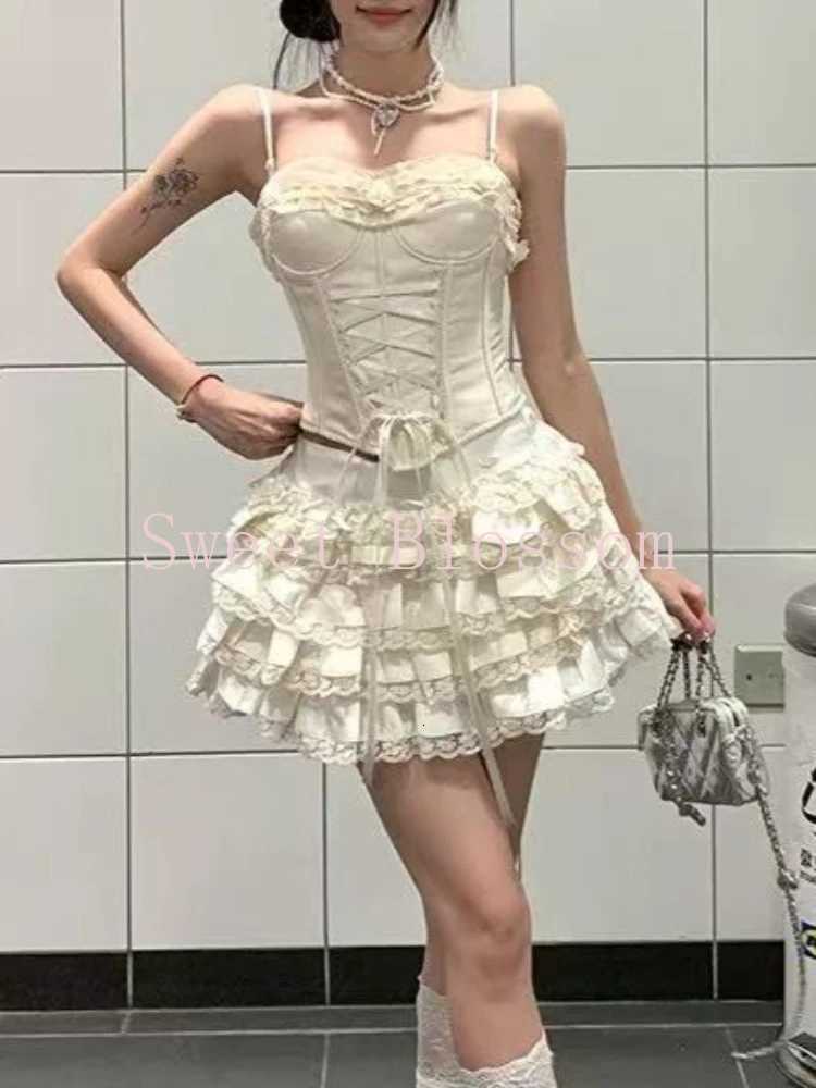 Summer Japanese Sweet Sexy 2 Piece Set Women Chic Bow Sling Top + Fluffy Cake Skirt New Design Fashion Harajuku Slim Outfit 2025 R250716