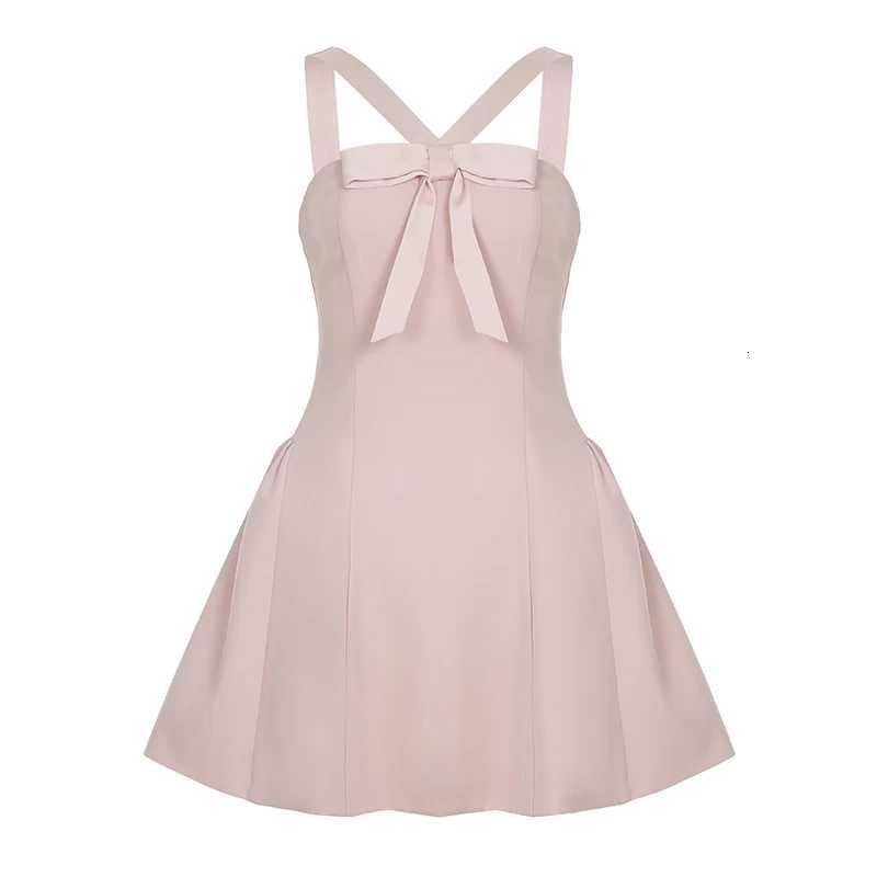 1M Hot Bow Halter-Neck A-Line Dress Pink Coquette Aesthetic Puffy Mini Dresses for Party Evening Holiday Outfits Sexy Robe New R250716