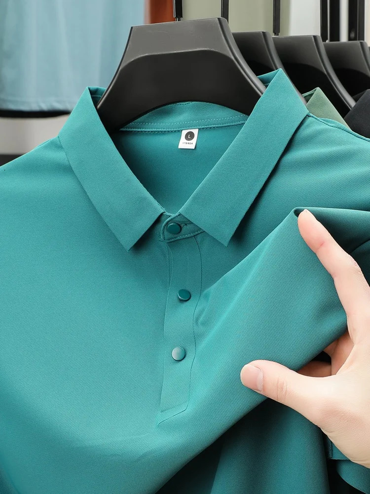 2025 Summer Mesh Ice Silk Short-Sleeved T-Shirt Mens Shirt Collar Red Green Khaki Solid Color Slip High-End Polo 250716