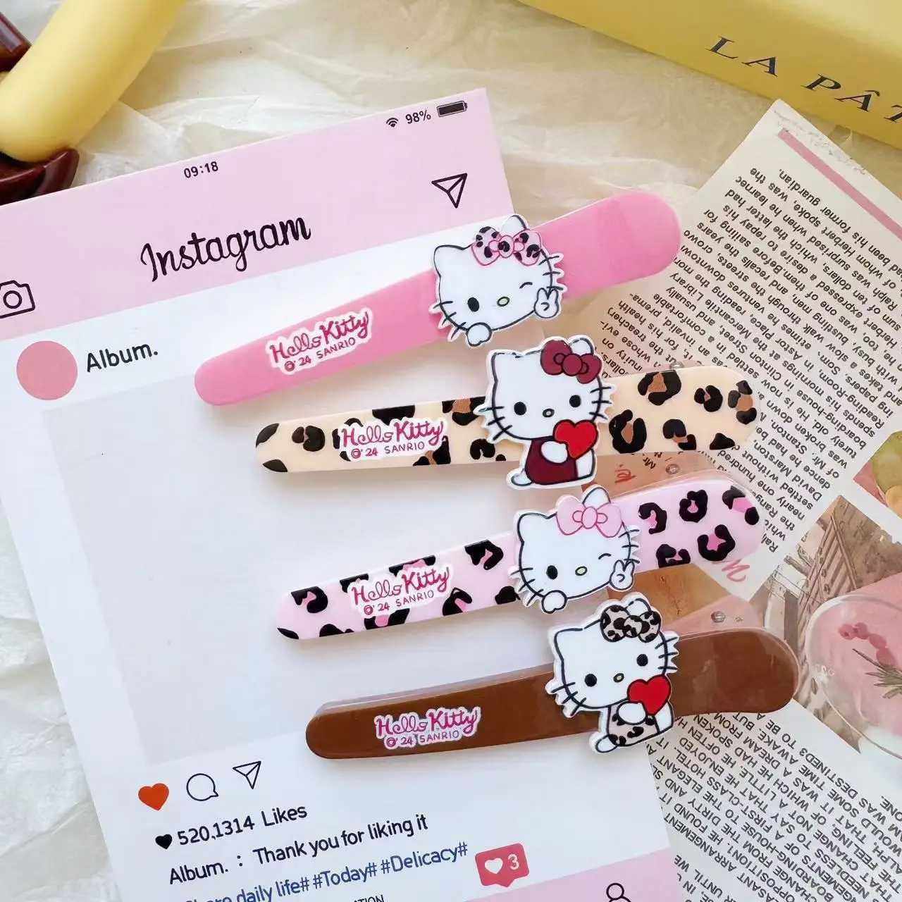 Sanrio 4pcs Sanrio Cartoon HelloKitty Hair Clips with Leopard Print Bangs and Versatile Side Clips for Hair Accessories w250716