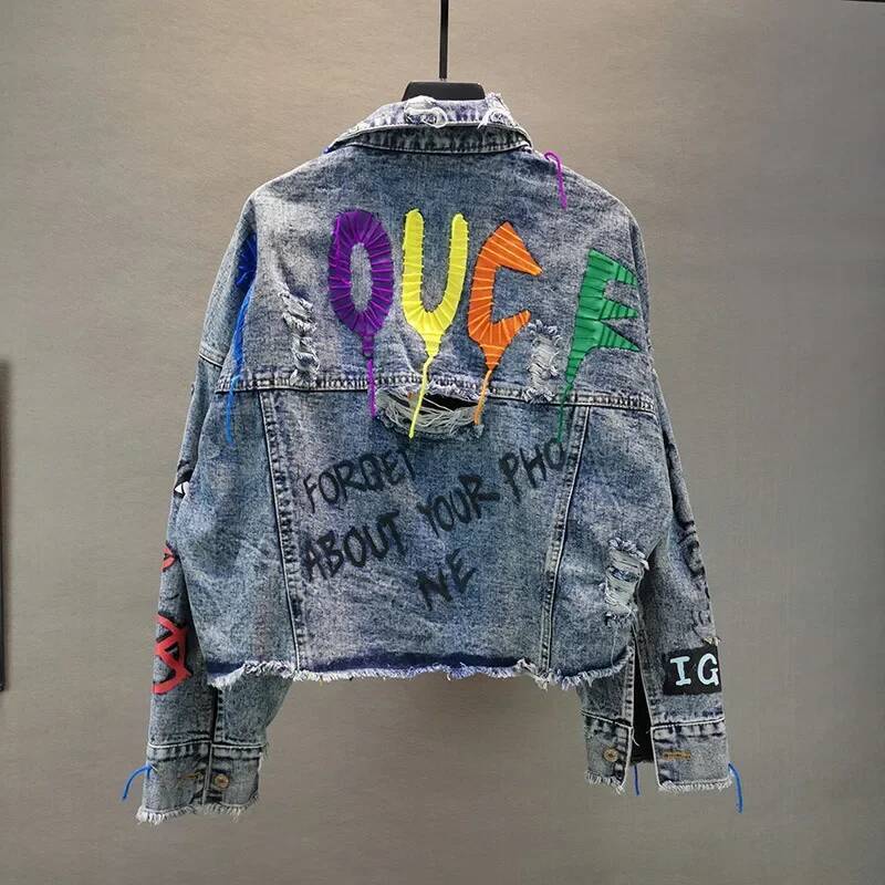 Rivet Beaded Line Tassel Letter Graffiti Print Women Outerwear Spring Autumn Casual Hole Denim Jacket Veste Femme