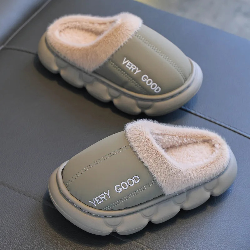 Childrens PU Leather Plush Slippers Soft Sole Non-slip Winter Warm Baby Boys Girls Indoor Home Cotton Shoes 250716