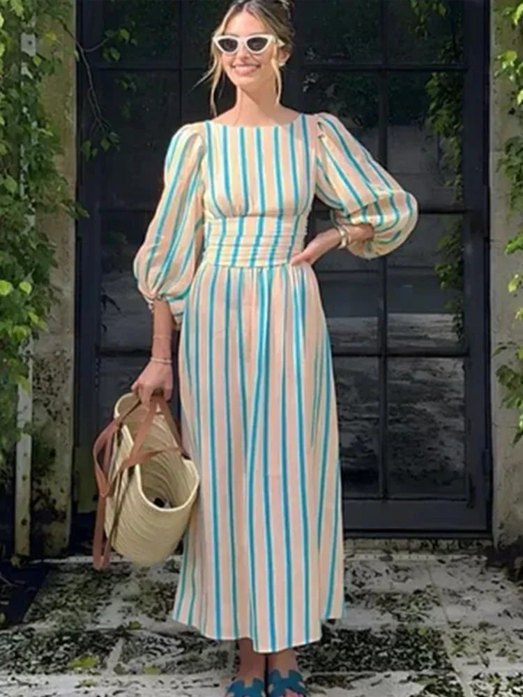 Striped Print Women Maxi Dress women Elegant O Neck Lantern Sleeve Backless Female Dresses 2025 Summer High Waisted Robe 250715