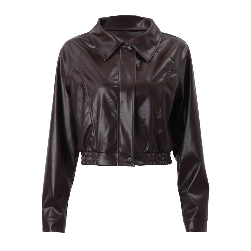 WhereMery PU Faux Leather Jacket Aesthetic Fashion Streetwear Turn-down Collar Coat Women Autumn Casual Simple Long Sleeve Coats 250715