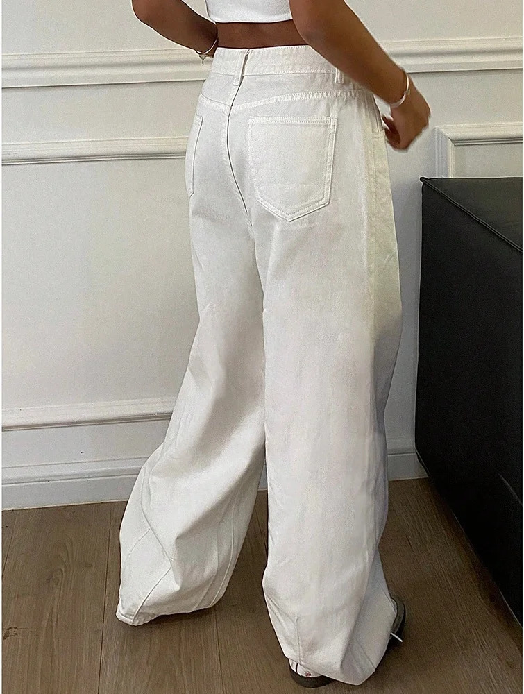 Loose Jeans Fashion Women High Waist Pocket White Solid Retro Wide Leg Denim Pants Casual Office Lady Commute Trousers 250716