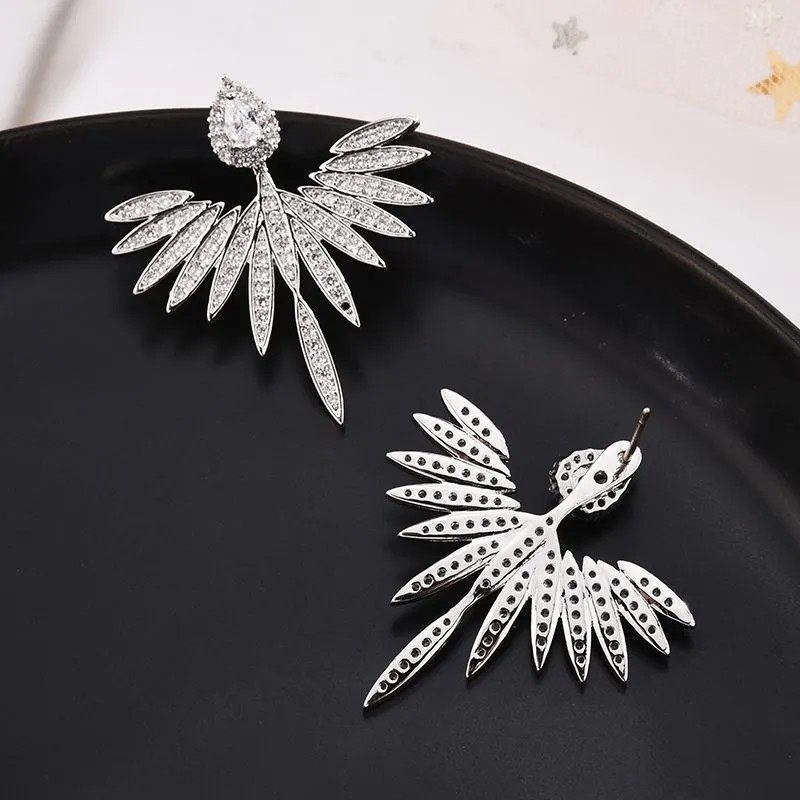S925 Silver Needle European & American Heavy - duty Fashion Micro - inlaid Zircon Earrings, Angel Wings 2 - in - 1 Stylish Earrings