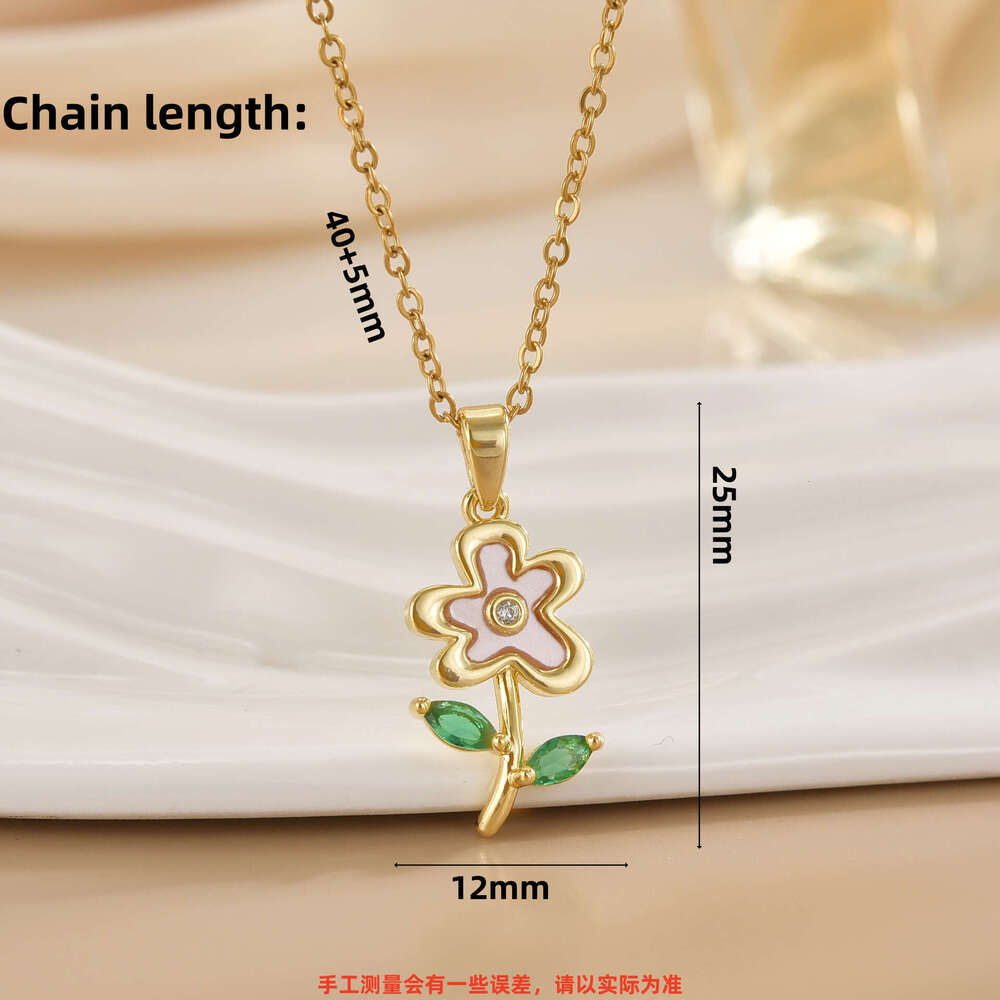 Fashion Green Leaf Shell Flower Light Elegant Full Dia Necklace For Women Versatile Collarbone Titanium Steel Chain Eae