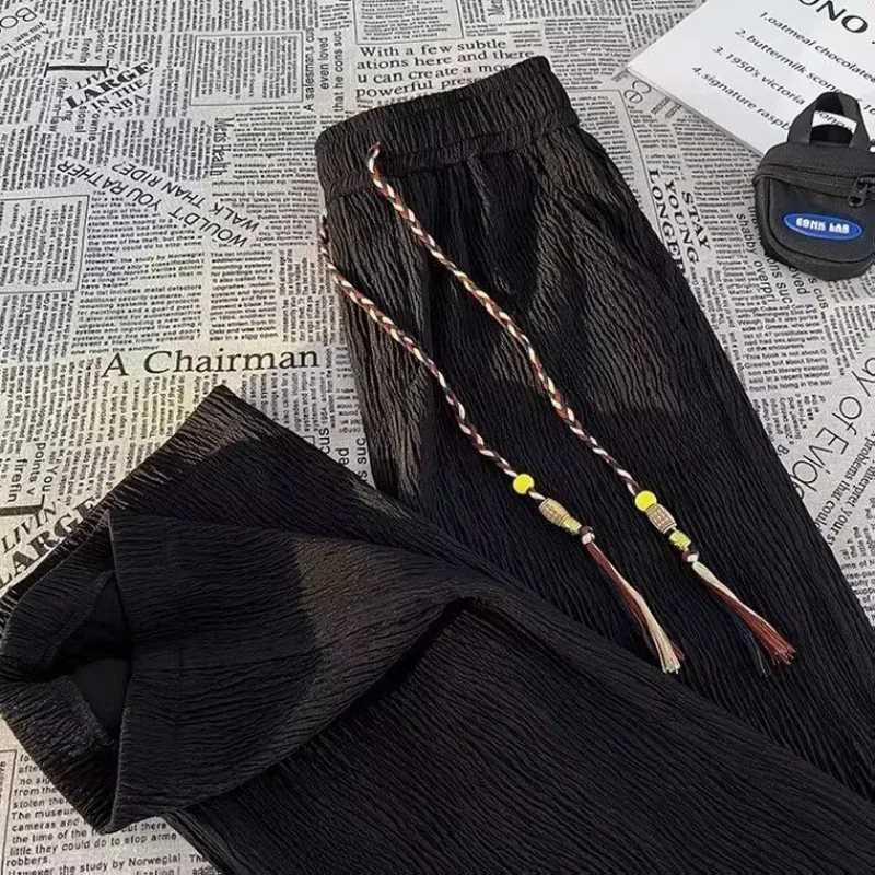 Ice Silk Casual Pants Men Thin Sport Straight Sweatpants Linen White Loose Fold Ankle-Length Walking Trousers Male y250716