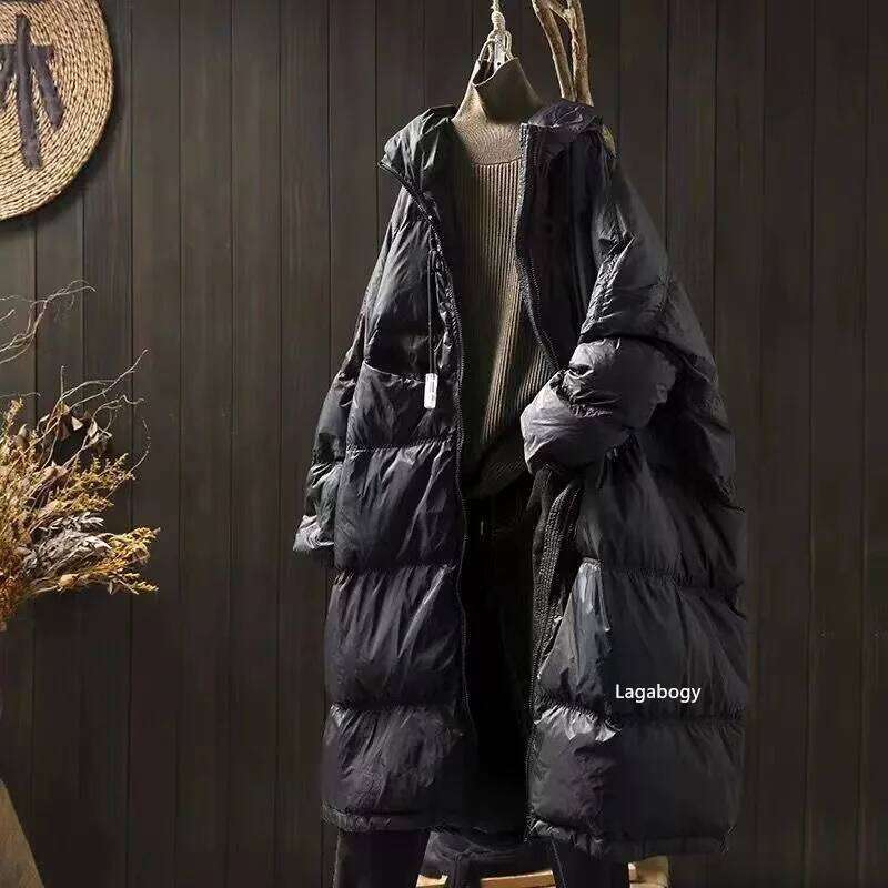 Lagabogy 2025 New Winter Women Oversize Long Puffer Coat Female Thick Warm White Duck Down Jacket Hooded Loose Parkas Outwear MDNG