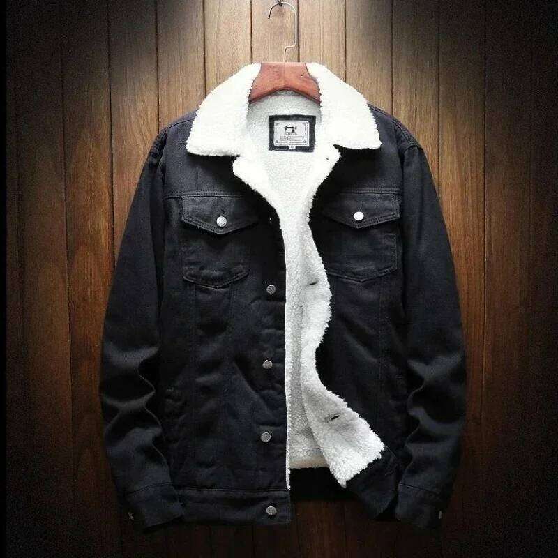 Denim Jackets Man Padding With Sheep Jeans Coat For Men Padded Wool Black Warm Slim Fit Lxury Low Cost One Piece Fashion Casual