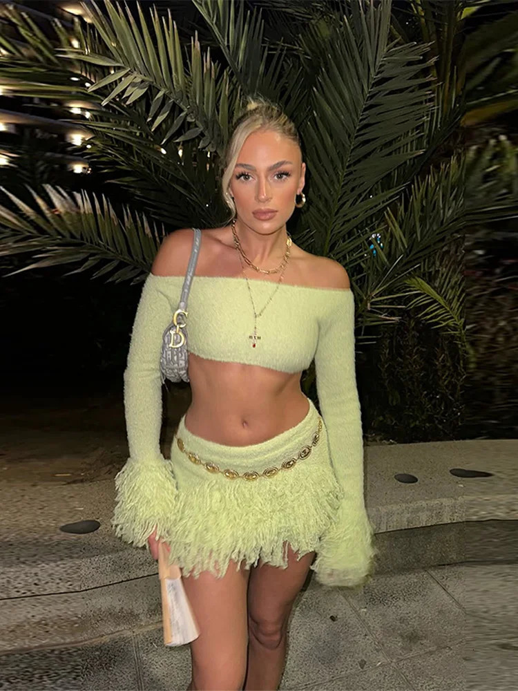 Elegant Tassel Knitted Skirt Set Women Off Shoulder Long Sleeve Crop Top Hip Package Mini Skirts Suit Summer Beach Lady Outfits 250715
