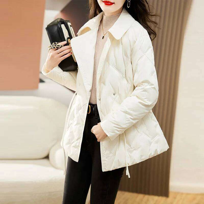 Lagabogy 2025 Autumn Women White Duck Down Double Breasted Jacket Winter Adjustable Waist Outwear Turn-Down Collar Puffer Coat
