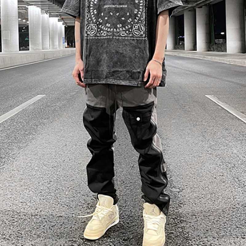 Ankle Zipper Color Block Streetwear Straight Casual Cargo Pants for Men Drawstring Harajuku Oversize Hip Hop Loose Trousers y250716