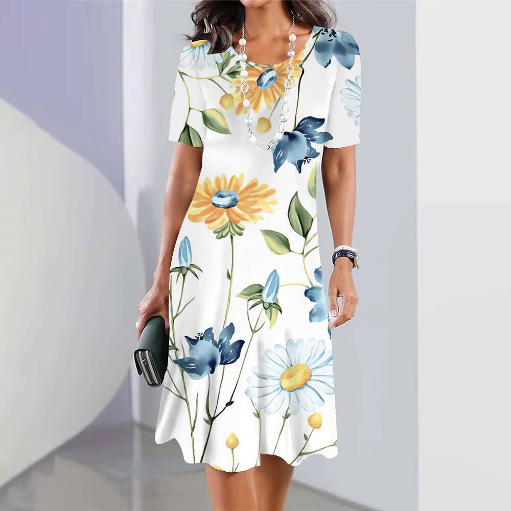 2024 Womens Floral Print Summer Elegant Midi Dresses Female Short Sleeve Dress Fashion Oversized Clothes dongdumaoyi