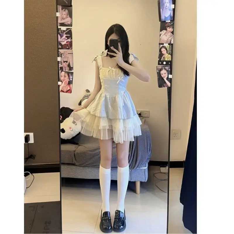 2025 Summer Women Popular Temperament Lace Bow Slim Fit Design Splicing Dress Gagarich Sweet Princess Waist Cinched Cute Fluffy R250716