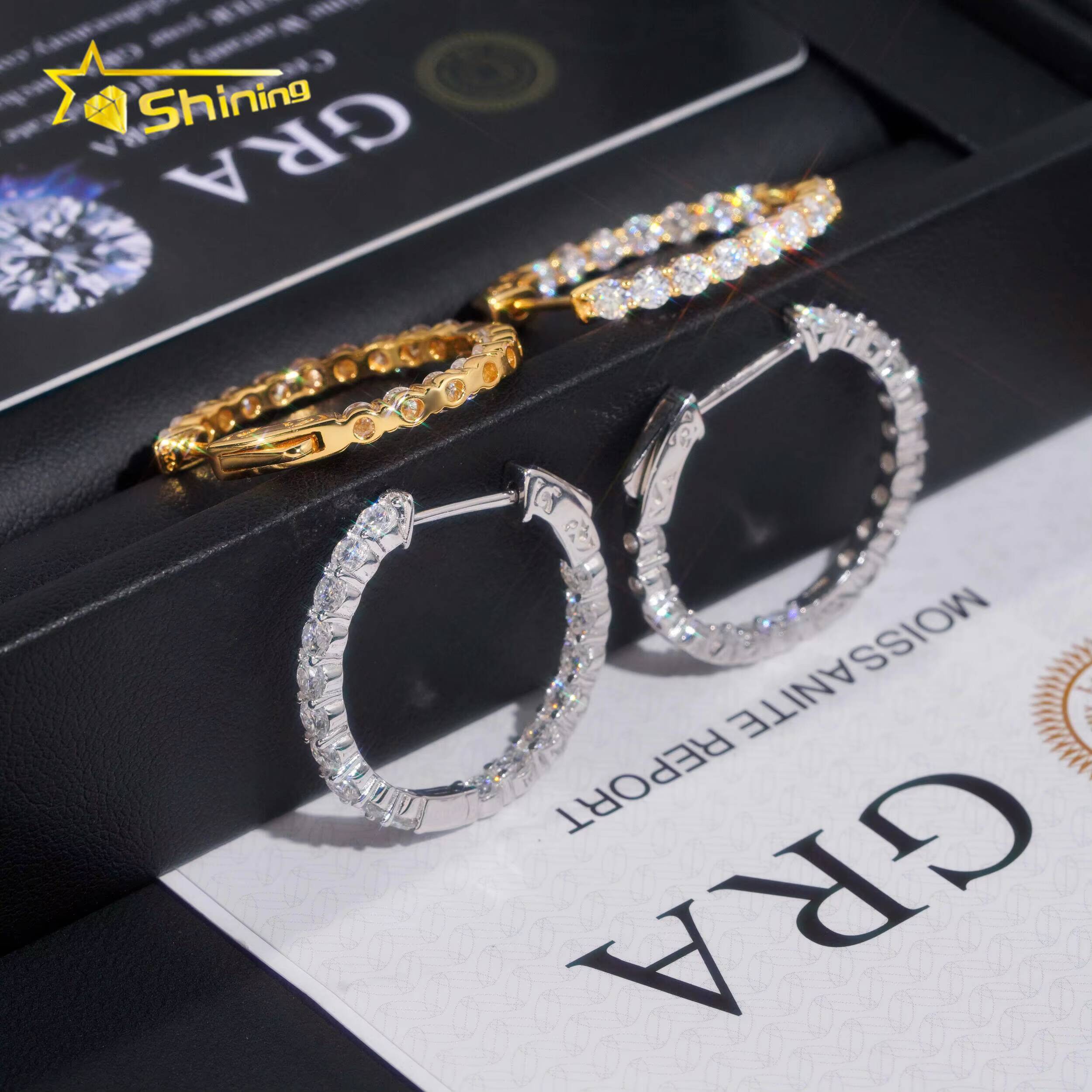 Ready to Ship Hip Hop Jewelry 925 Silver Gold Plated Inner Fully Iced Out Moissanite Stud Earrings Hoop Earrings With GRA