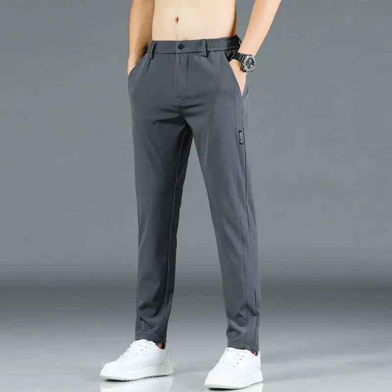 Ice silk mens pants 2025 summer black gray thin business casual pants outdoor elastic breathable straight leg sports pants 250715