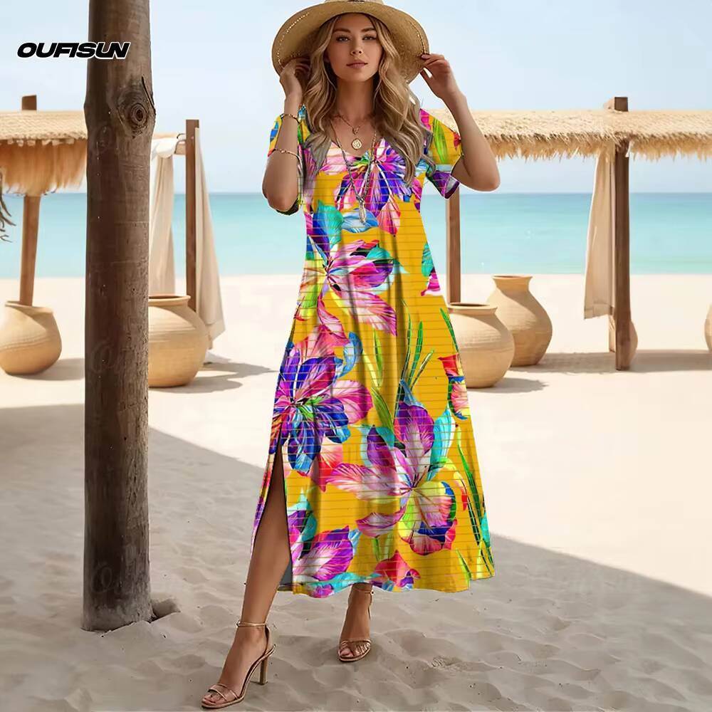 Summer Womens V-neck A-line Hawaiian Dresses Short Sleeve Long T-Shirt Floral Pattern Tropical Print 2025 New Clothing dongdumaoyi