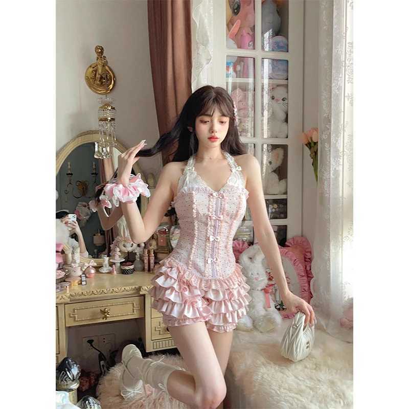 Mekst Lolita Pink 2 Piece Sets Women Outfit Japanese Kawaii Bow Lace Halter Crop Tops Summer Y2K Cute Fashion Ruffles Mini Skirt R250716