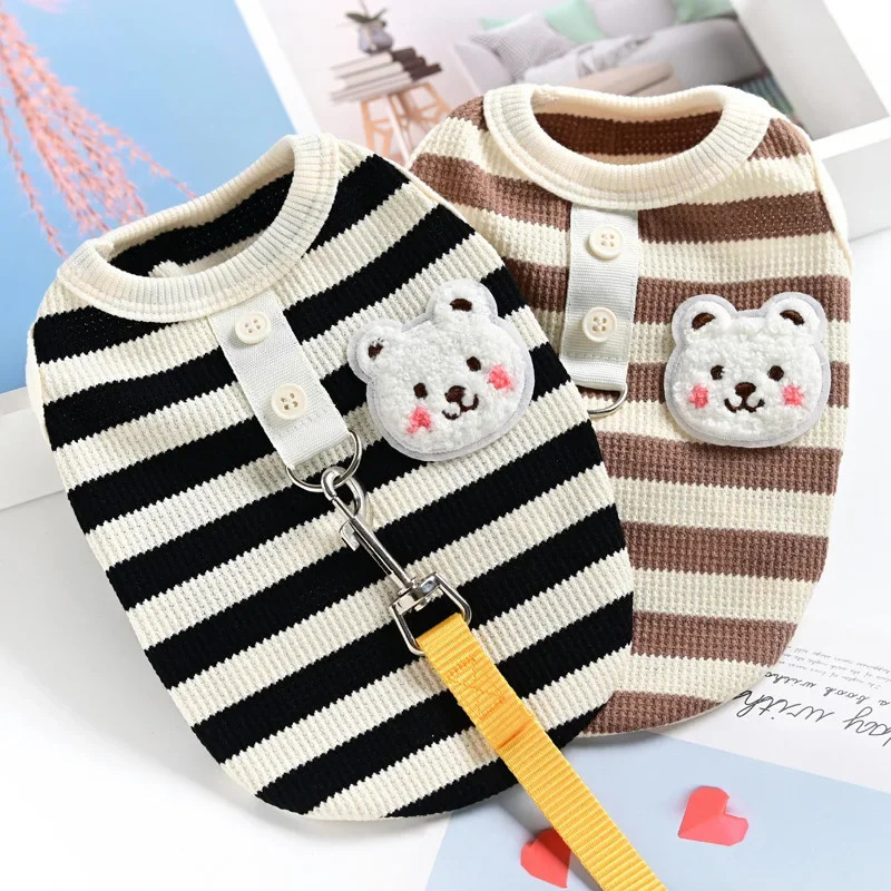 Pets Cat and Dog Clothes Waffle Grid Vest for SpringSummer Striped TShirt with Leash Small Dogs Summer Outfit 250711